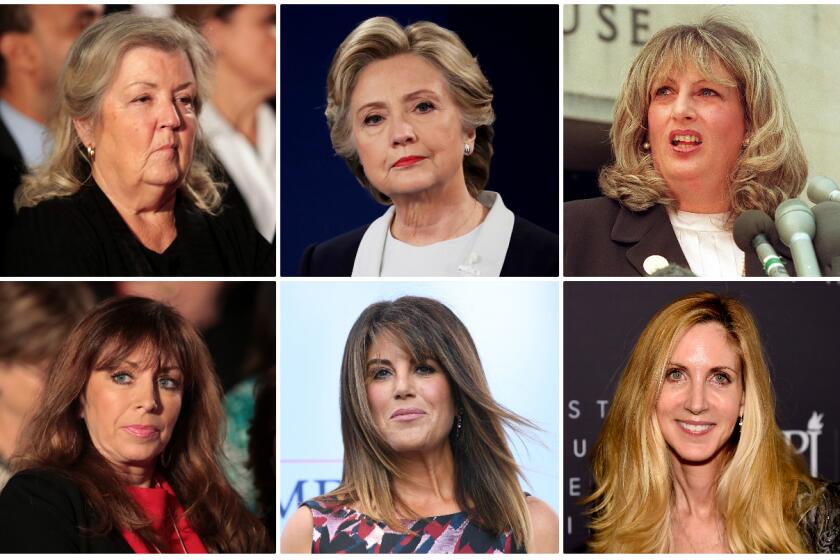 Top row, l-r: Juanita Broaddrick, Hillary Clinton, Linda Tripp in 1998. Bottom row: Paula Jones, Monica Lewinsky, and Ann Coulter.