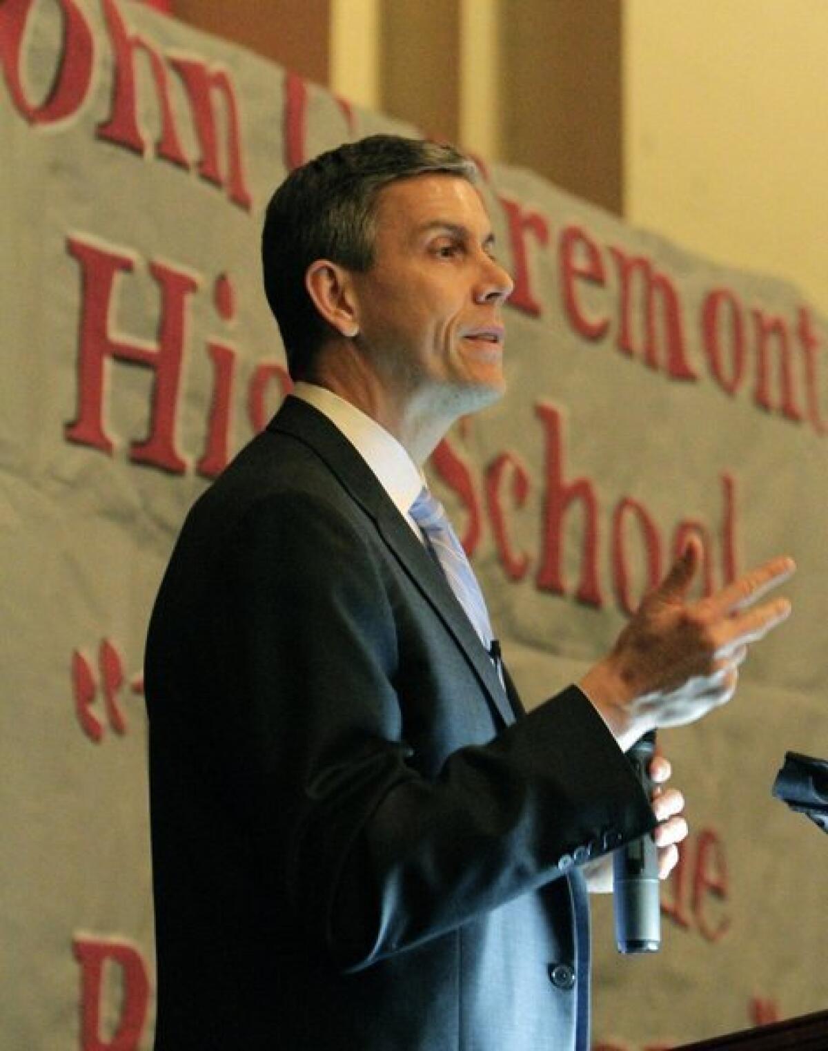 U.S. Education Secretary Arne Duncan during a 2011 visit to a Los Angeles campus. He rejected California's request for relief from sanctions affecting schools.