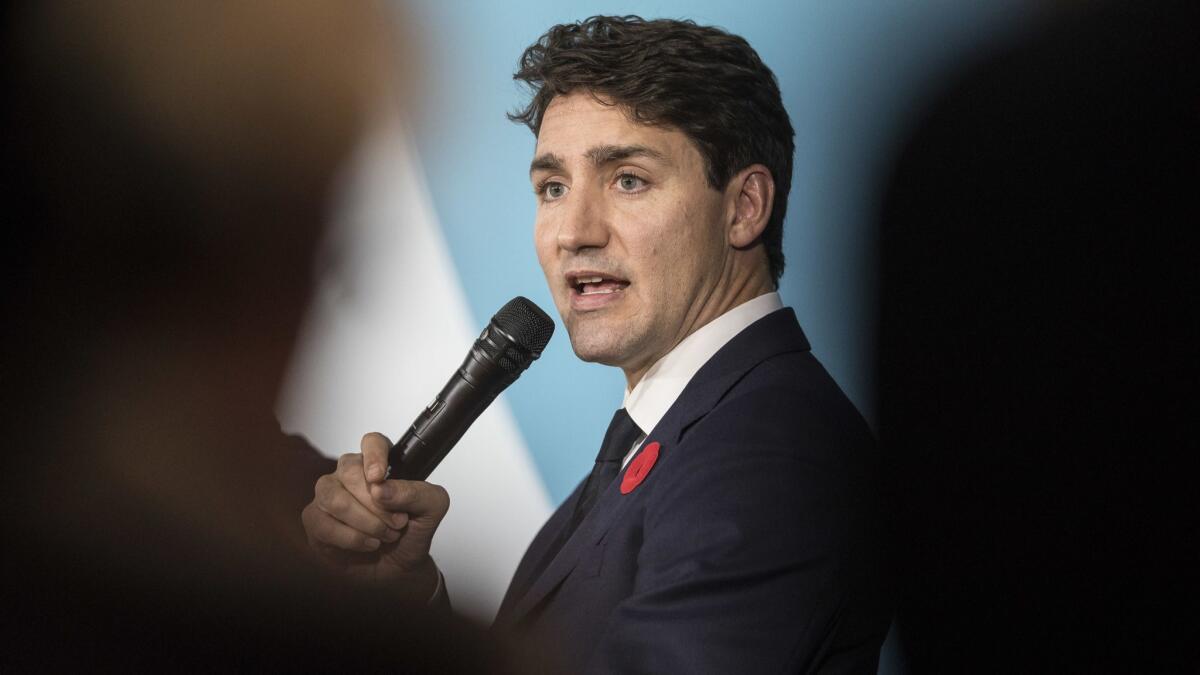 Canadian Prime Minister Justin Trudeau speaks at the Paris Peace Forum on on Nov. 11.