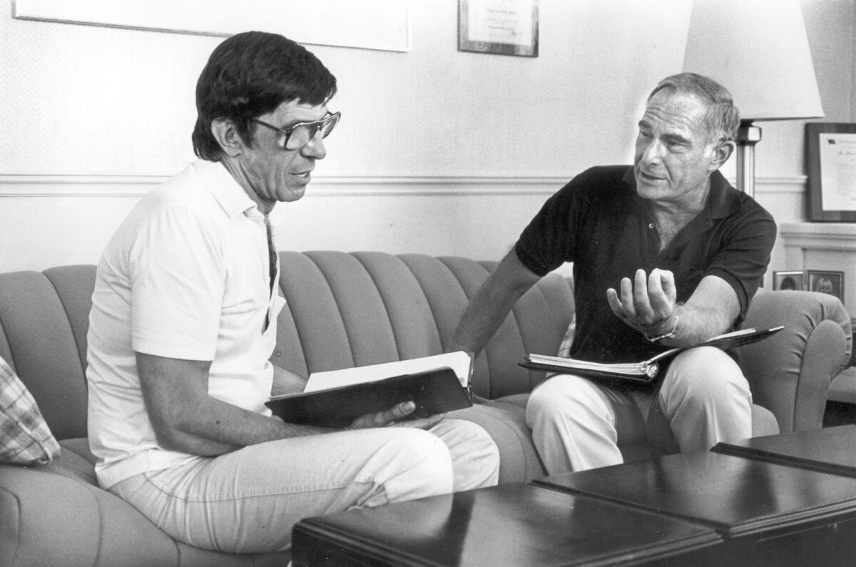 "Star Trek III" director Leonard Nimoy, left, with producer Harve Bennett in 1983.