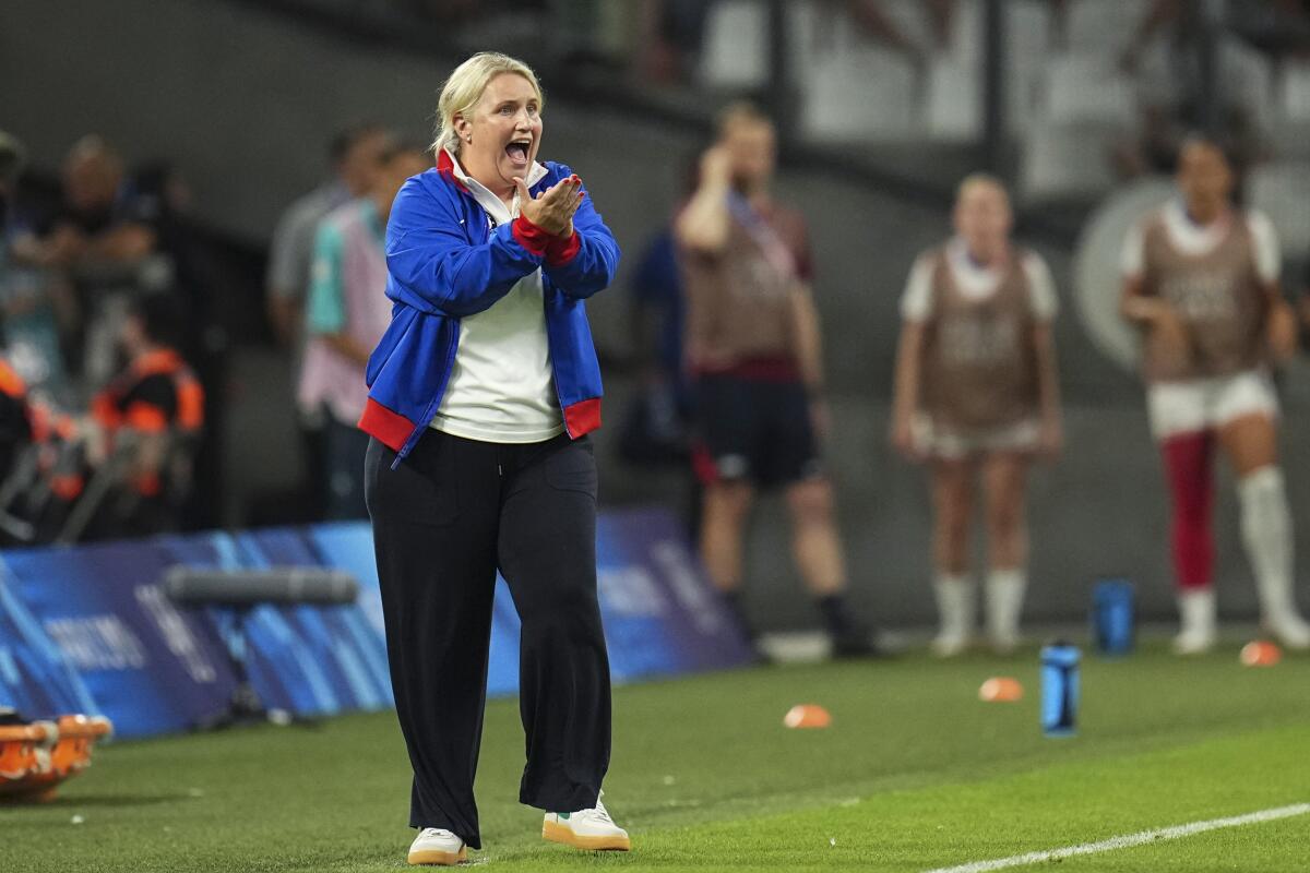 U.S. coach Emma Hayes instructs her players during a win over Germany on Sunday.