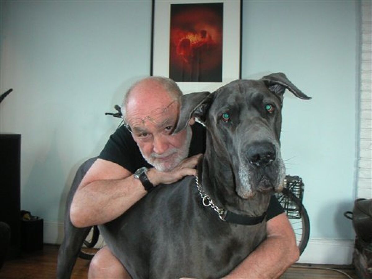 In this photo July 8, 2006 photo released by Branka Ruzak, photographer Garry Gross is photographed with a great dane in New York. Gross, a fashion photographer known for his 1970's nude images of Brooke Shields, taken when she was 10 years old, died Nov. 30 in Manhattan, his sister said Tuesday, Dec. 7, 2010. He was 73. Gross, who in later years became a certified as a dog trainer, had turned to photographing portraits of canines. (AP Photo/Branka Ruzak) NO SALES