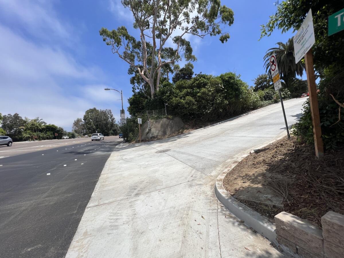 Hillside Drive at Torrey Pines Road in La Jolla is open again after an extensive regrading project.