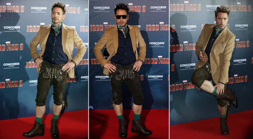 Robert Downey Jr. wears lederhosen at the "Iron Man 3" premiere in Munich.