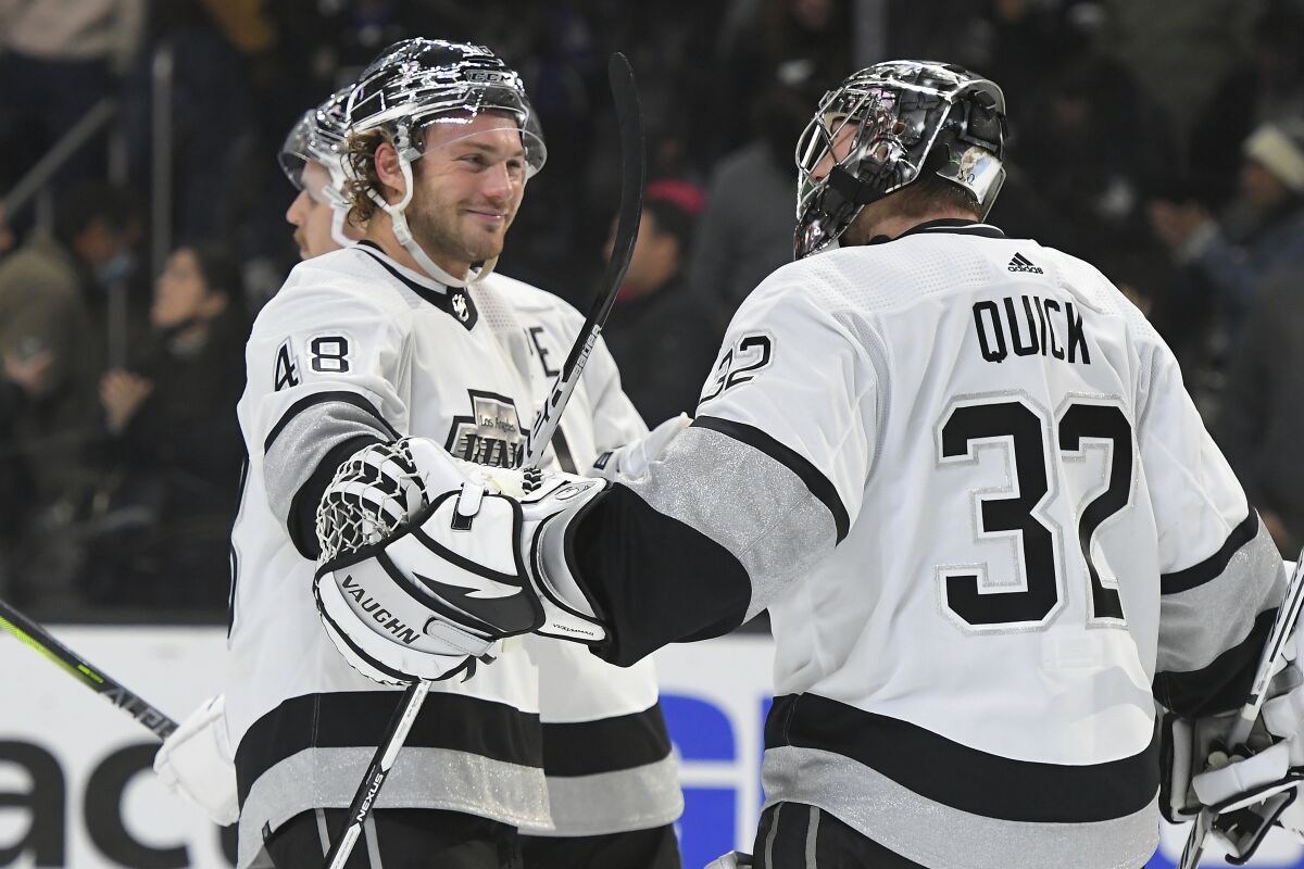 Kings forward Brendan Lemieux and goaltender Jonathan Quick after the victory.