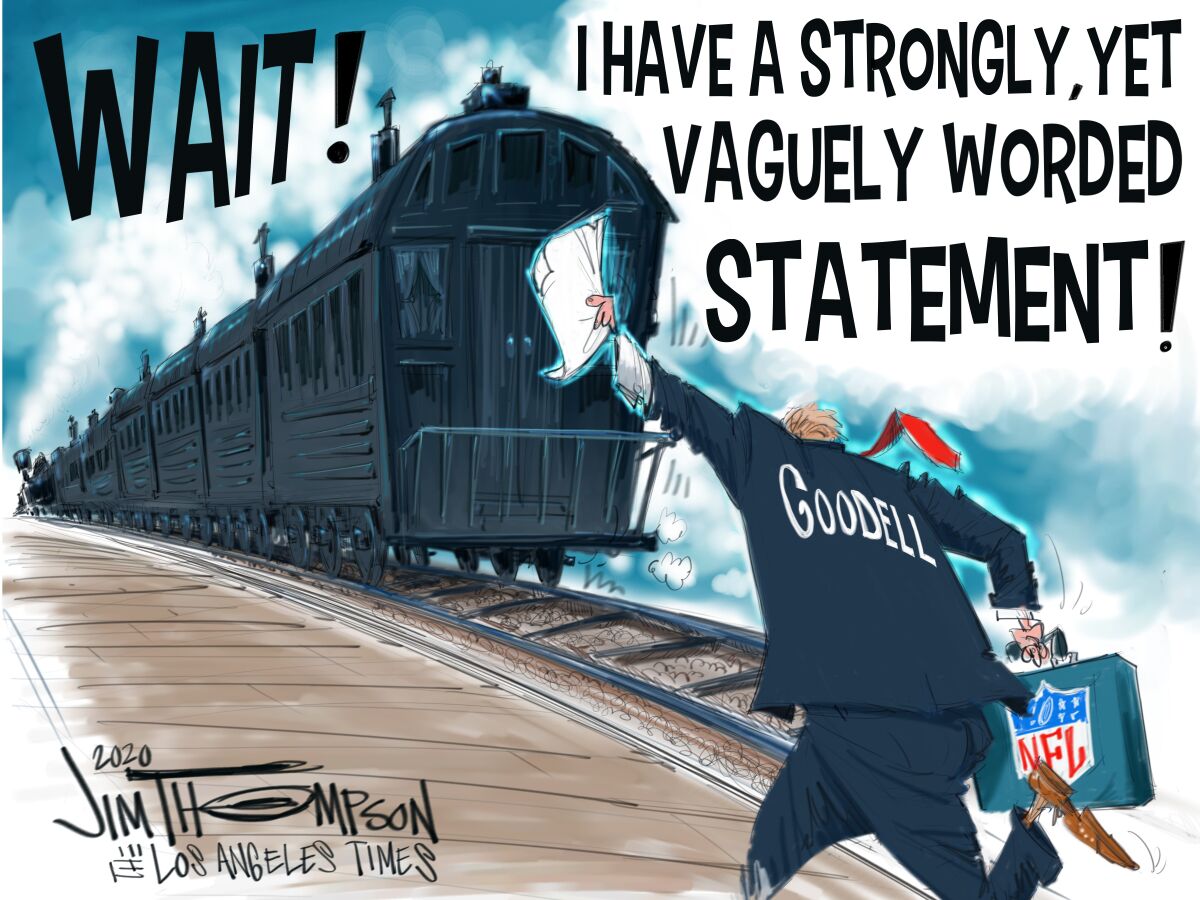 Cartoon of NFL Commissioner Roger Goodell running after a train while holding a statement.