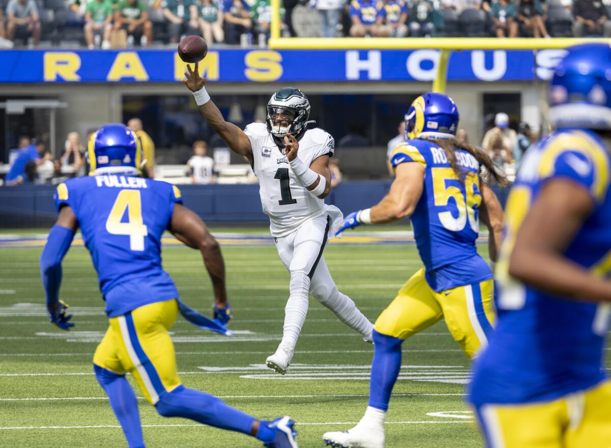 Philadelphia quarterback Jalen Hurts passes against the Rams in the first half Sunday at SoFi Stadium.