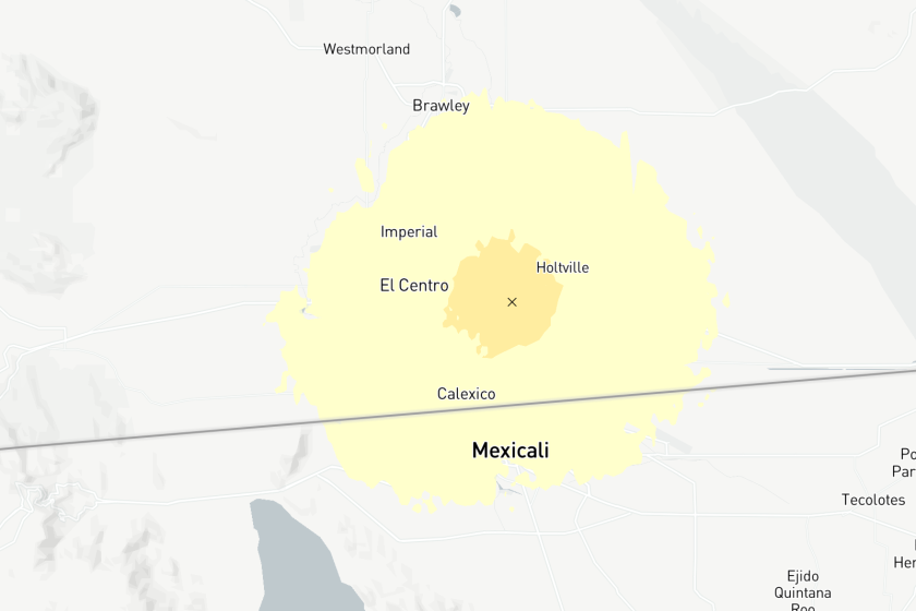 A map highlighting the shaking intensity and epicenter of an earthquake reported near Calexico, California. 