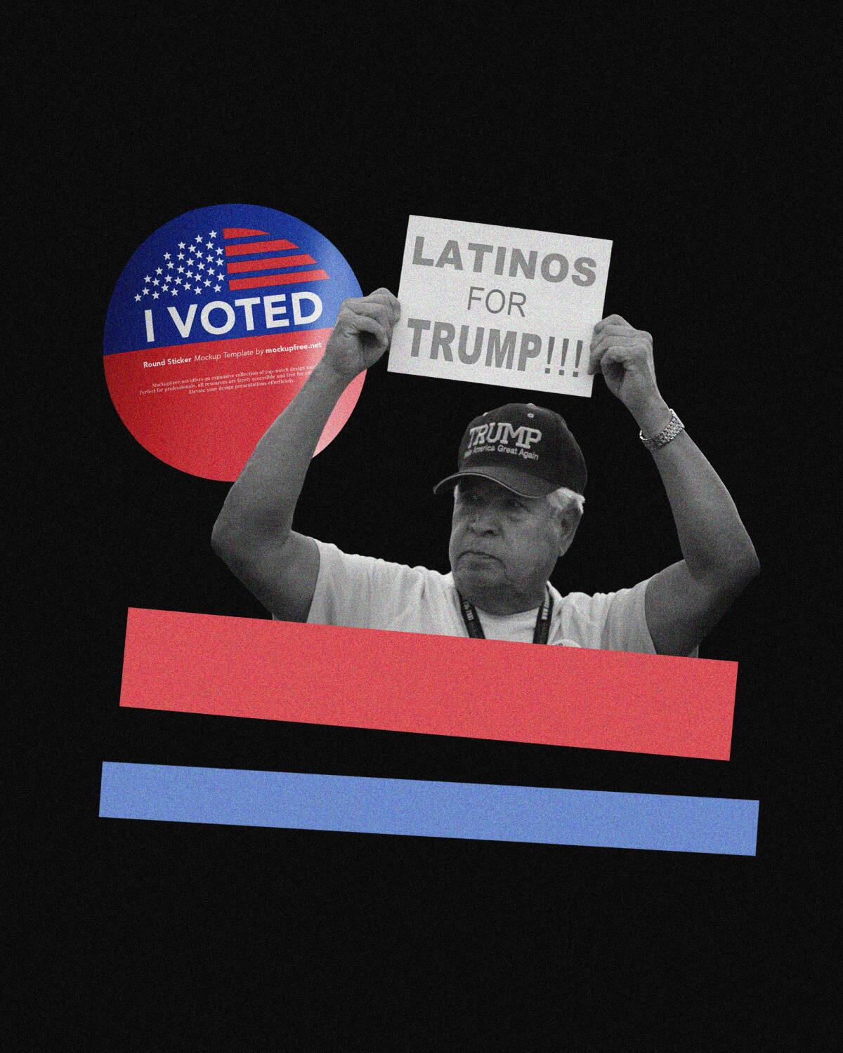 Collage of a man holding a sign that says "Latinos for Trump!!!" and I voted sticker 