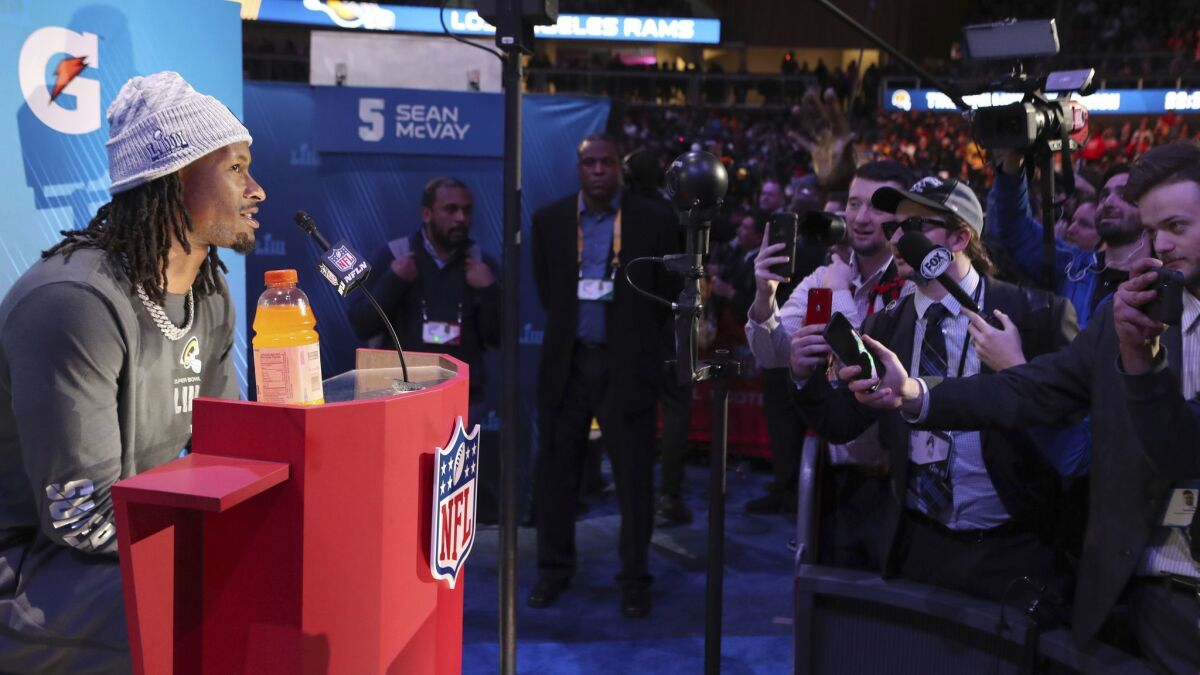 Rams running back Todd Gurley answers questions during Super Bowl Opening Night.