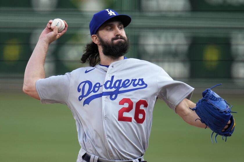 Los Angeles Dodgers starting pitcher Tony Gonsolin delivers during the first inning of his major league debut.