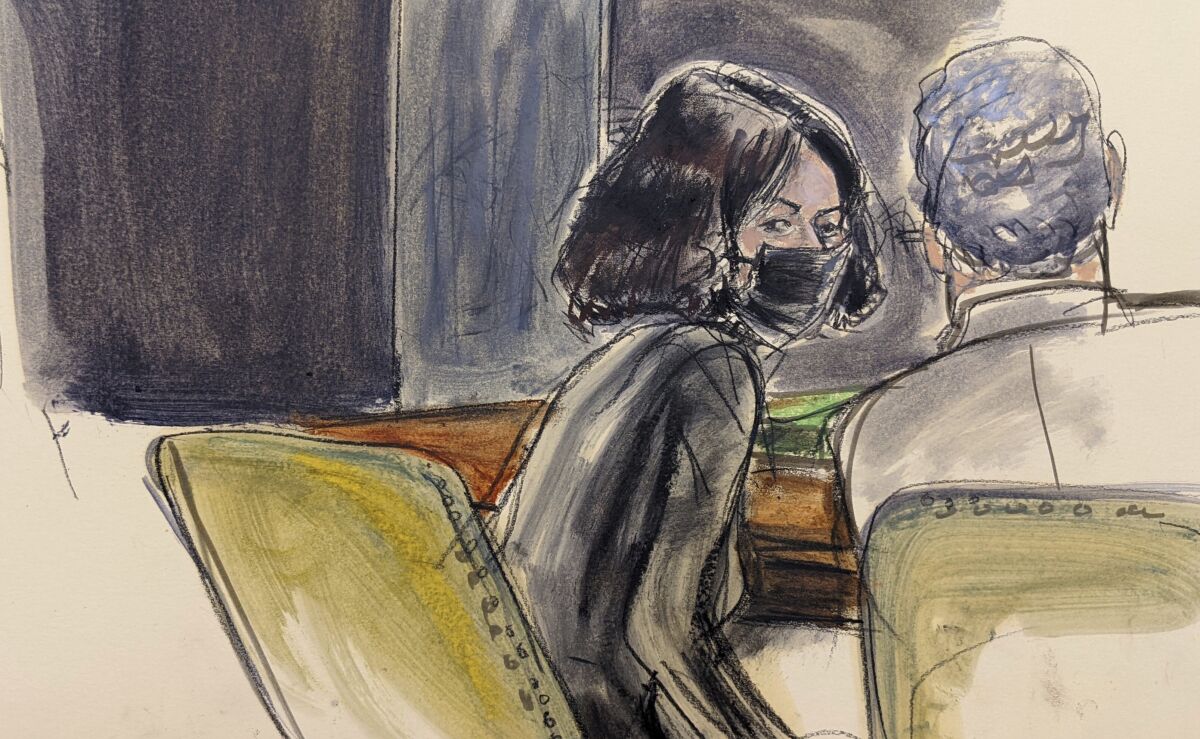 A court artist's sketch shows Ghislaine Maxwell speaking to her defense attorney