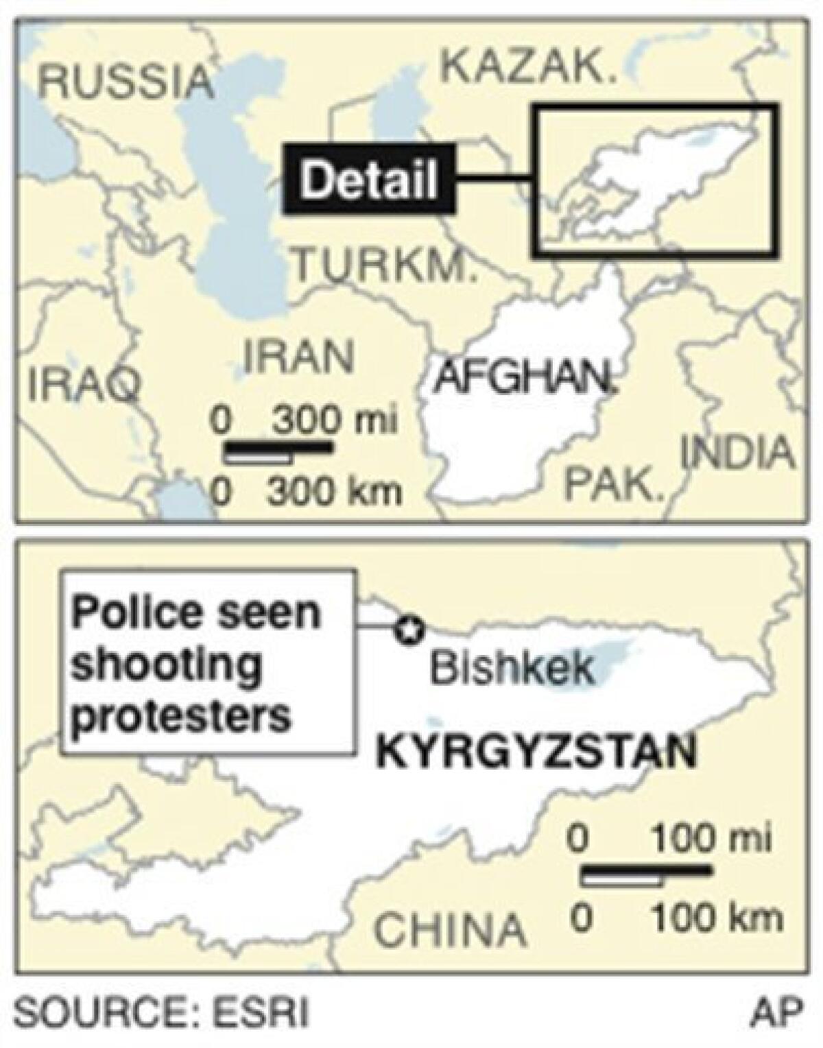 Map locates Bishkek, Kyrgyzstan, where police were seen shooting protesters angry over the arrests of opposition leaders