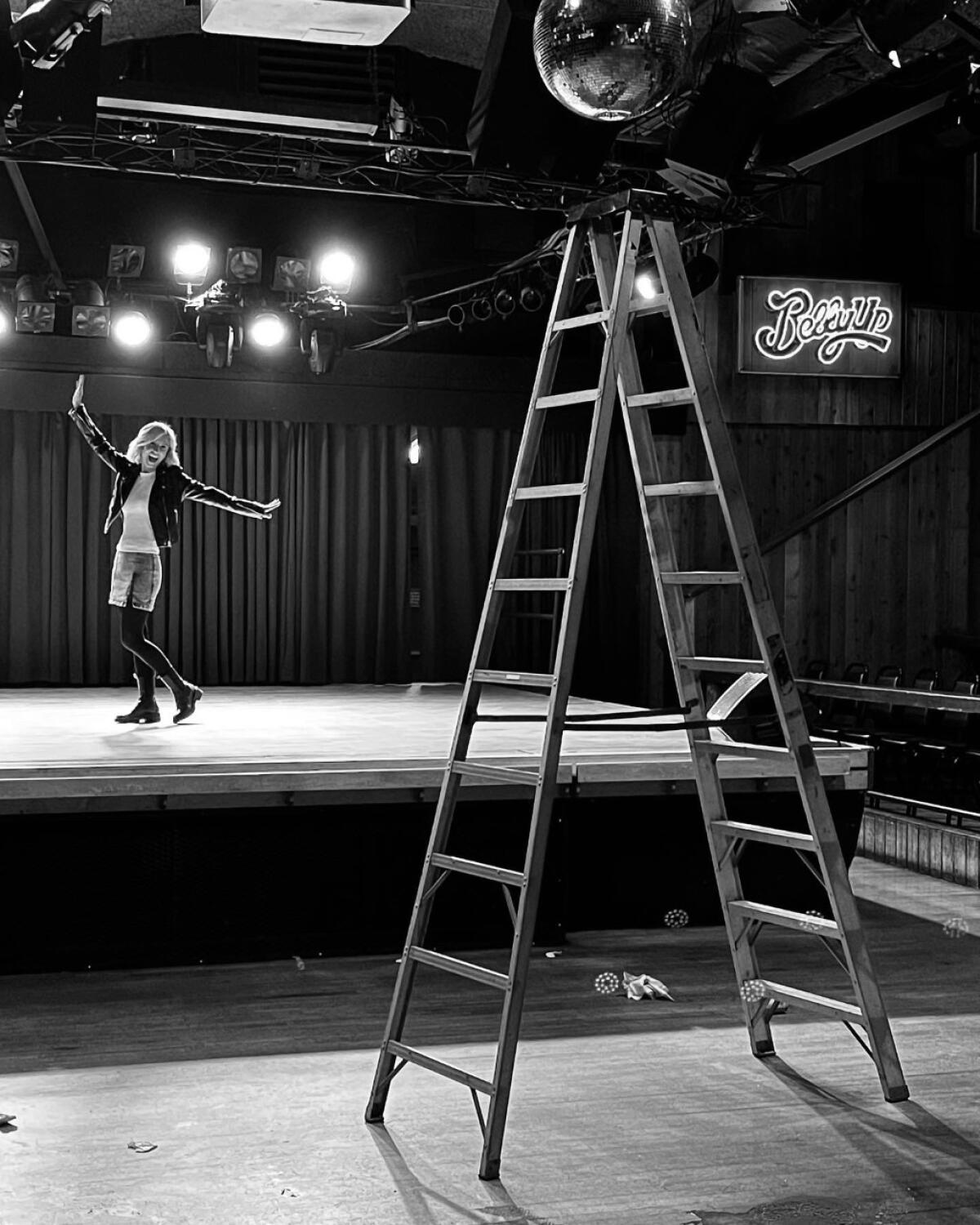 Kimbles Hume prepares for her comedy show in March on the stage of the Belly Up Tavern in Solana Beach.