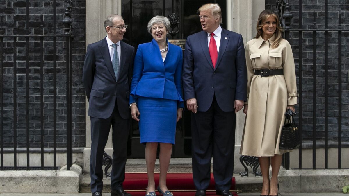 Philip May, left, British Prime Minister Theresa May, President Trump and First Lady Melania Trump at 10 Downing St. on June 4.