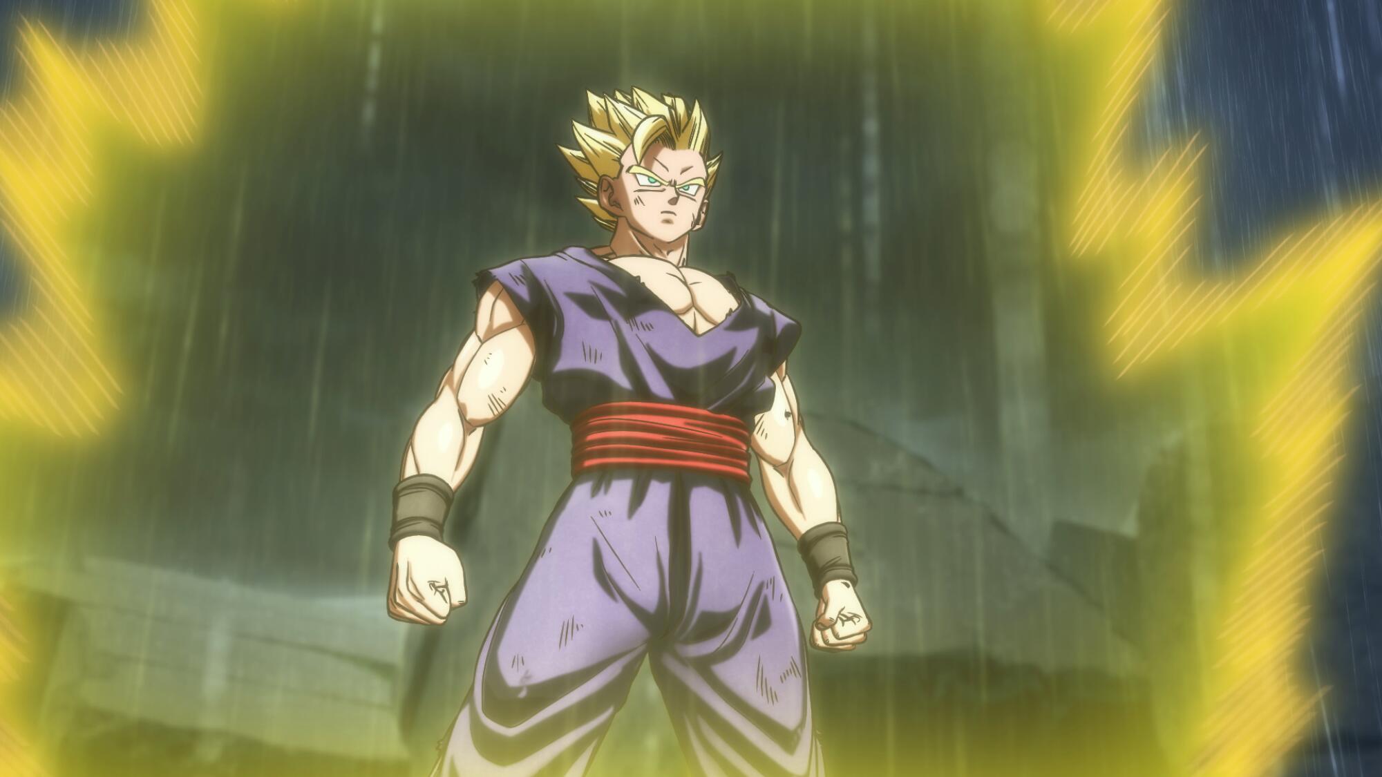 An anime still of a man standing in the rain surrounded by glowing energy