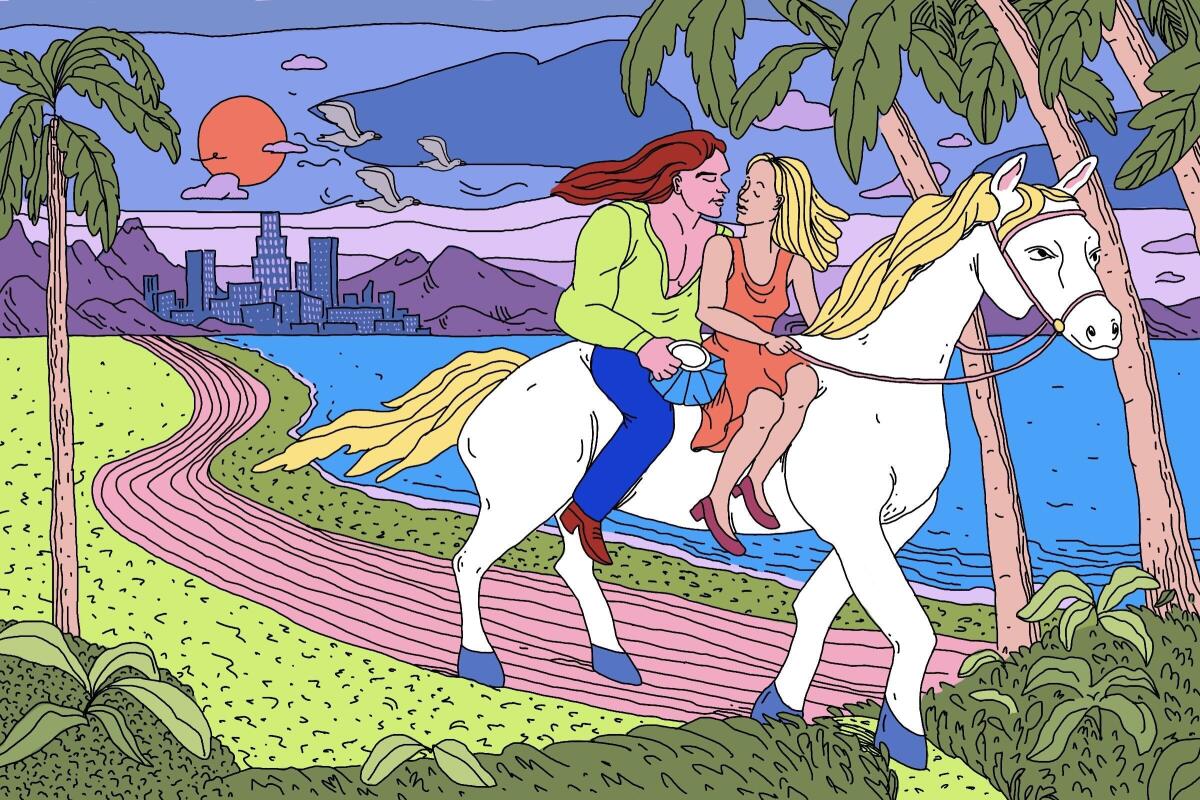 An illustration of a man and woman riding a white horse on a beach at sunset.
