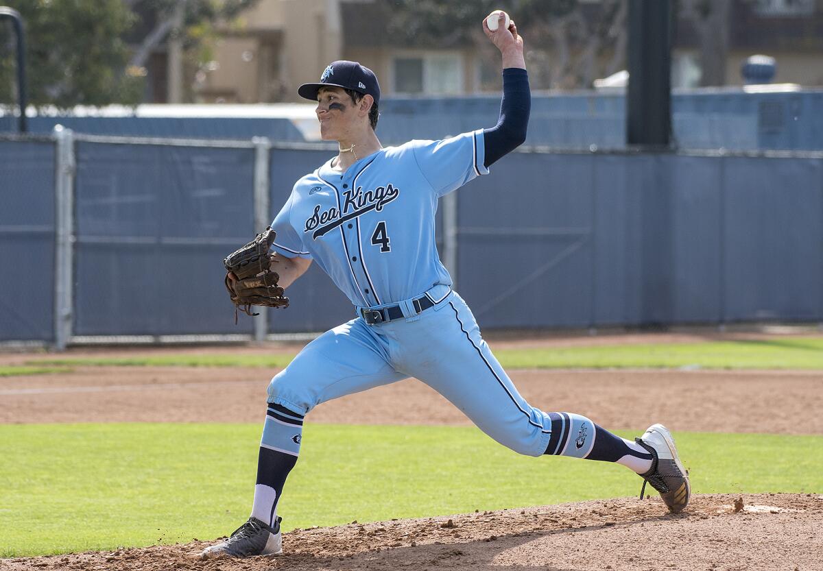 Corona del Mar's Chazz Martinez pitches against Beckman in a Pacific Coast League game on April 6, 2018.