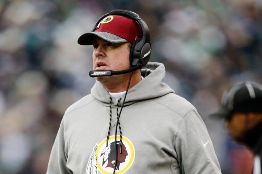 Redskins Coach Jay Gruden looks on during a game against the Philadelphia Eagles on Dec. 11.