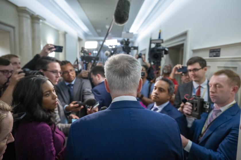 Former House Speaker Kevin McCarthy of Calif., speaks with reporters as he arrives as Republicans meet to decide who to nominate to be the new House speaker, on Capitol Hill in Washington, Tuesday, Oct. 24, 2023. (AP Photo/Alex Brandon)