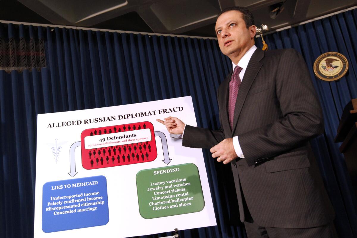 U.S. Atty. Preet Bharara announces charges against more than a dozen Russian diplomats and their spouses.