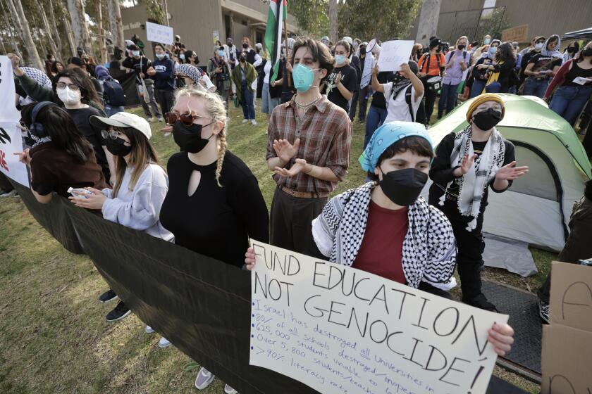 SAN DIEGO, CA - MAY 01, 2024: Pro-Palestinian UCSD students protest the war in Gaza at an encampment they set up at UCSD in San Diego on Wednesday, May 01, 2024.