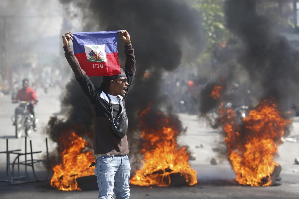 Un manifestante muestra una bandera haitiana durante una protesta 
