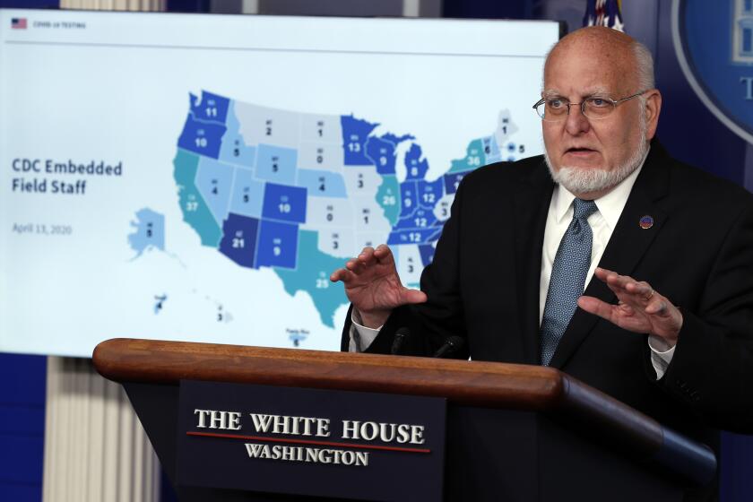 Dr. Robert Redfield, director of the Centers for Disease Control and Prevention, speaks about the coronavirus in the James Brady Press Briefing Room of the White House, Friday, April 17, 2020, in Washington. (AP Photo/Alex Brandon)