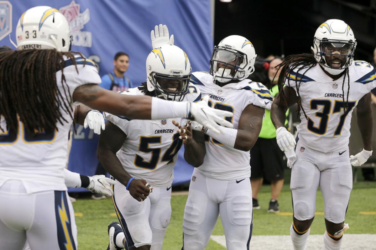 Linebacker Melvin Ingram (54) and the Chargers are still seeking their first victory.