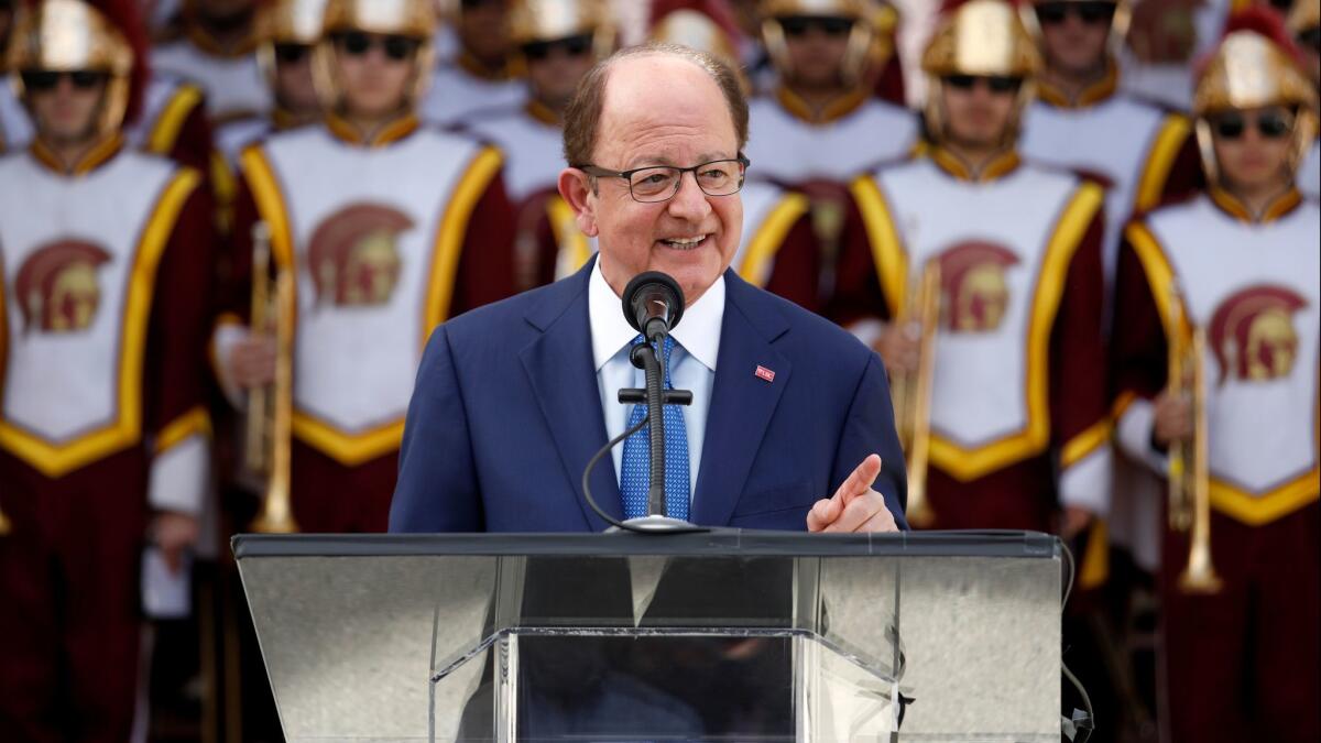 USC President C. L. Max Nikias speaks in January at the groundbreaking ceremony for the renovation of the Los Angeles Memorial Coliseum.