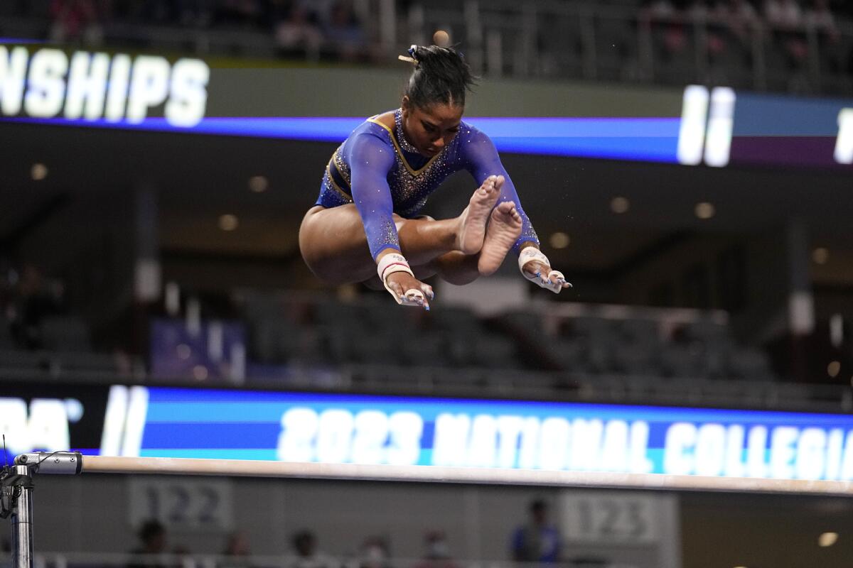 UCLA's Jordan Chiles competes on the uneven bars during the NCAA semifinals in April.