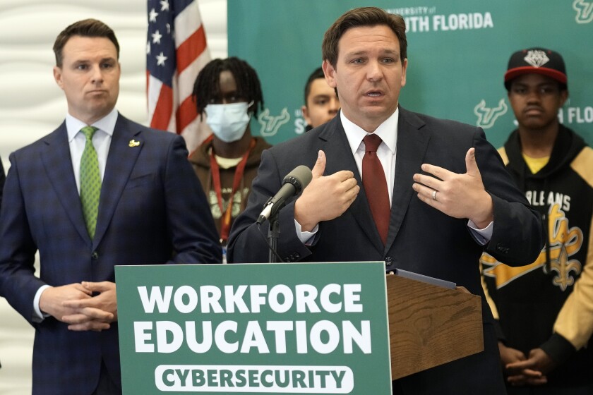 Coronavirus Today: Welcome to a new era - Los Angeles Times 7 Florida Gov. Ron DeSantis gestures during a news conference after announcing a program to create cybersecurity opportunities.