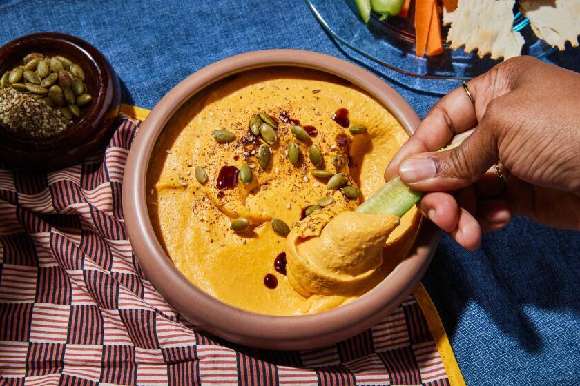 LOS ANGELES, CA - APRIL 1: Butternut hommus, featured in Jose Andres' cookbook Zaytinya, prepared in the Los Angeles Times Test Kitchen on Monday, April 1, 2024.