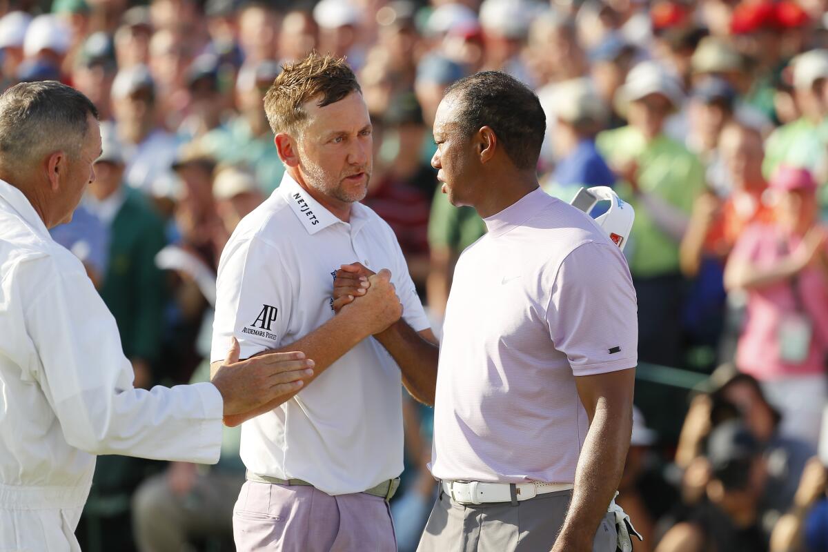Beating some opponents matters more than others for Tiger Woods. The cheeky Ian Poulter, left, was one of those opponents on Saturday at the 2019 Masters.