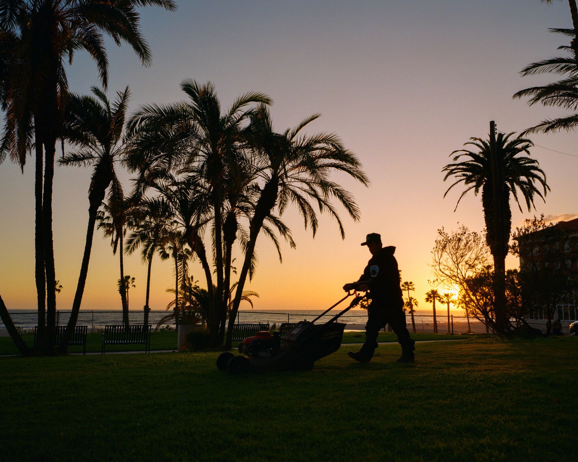 Landscaper cuts grass in front of sunset.