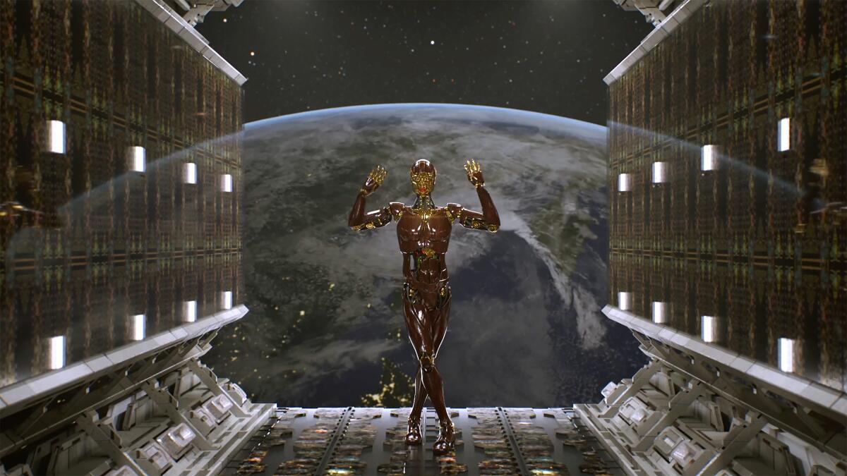 A still from Rashaad Newsome's "Hands Performance," 2023 shows a robot with arms up and legs crossed as if dancing.