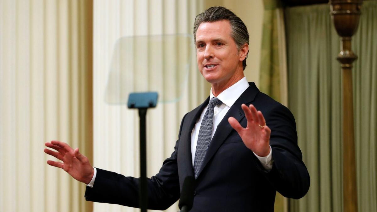 California Gov. Gavin Newsom delivers his first State of the State address before a joint session of the California Legislature in Sacramento on Feb. 12.