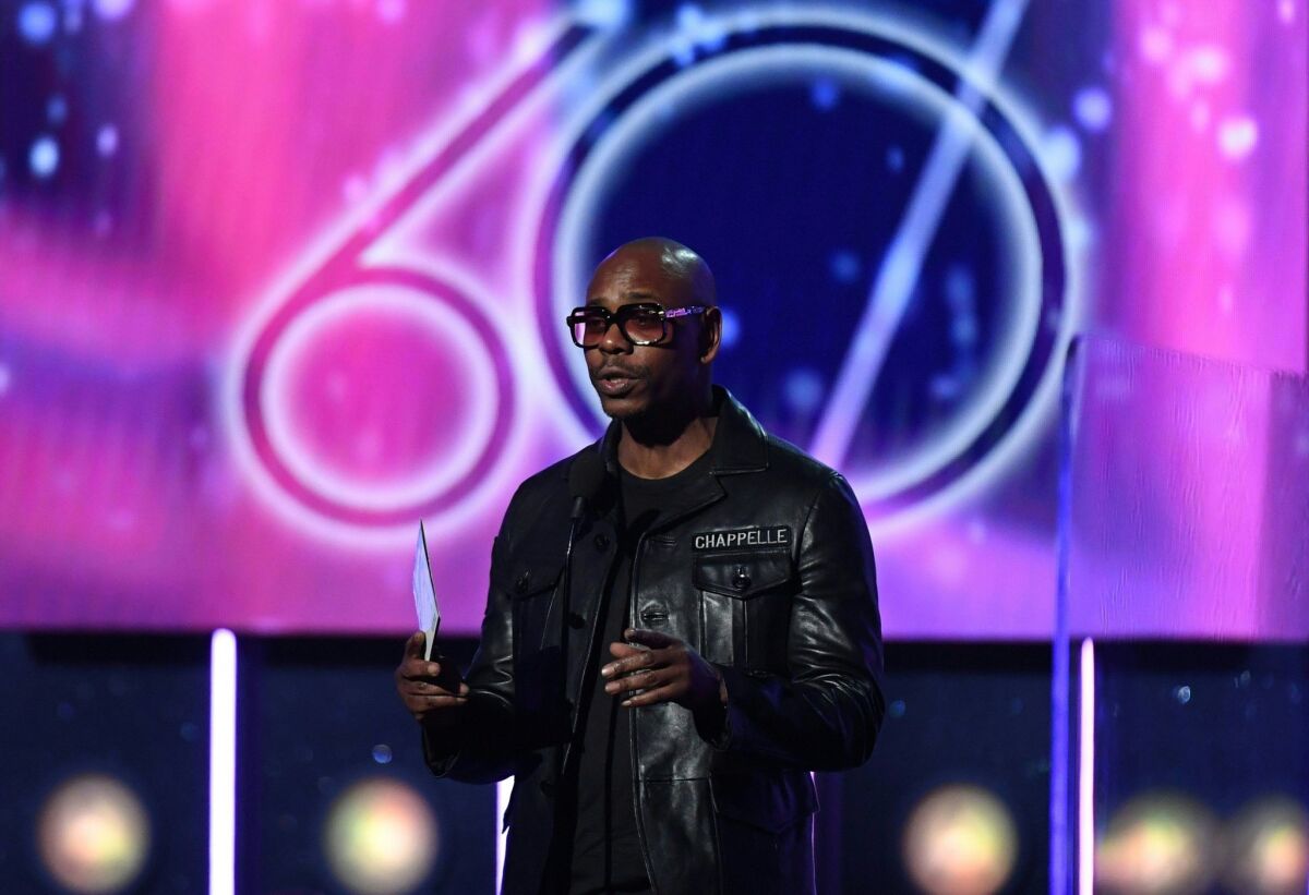 Dave Chappelle presenting onstage during the 60th Grammy Awards show on Jan. 28, 2018.