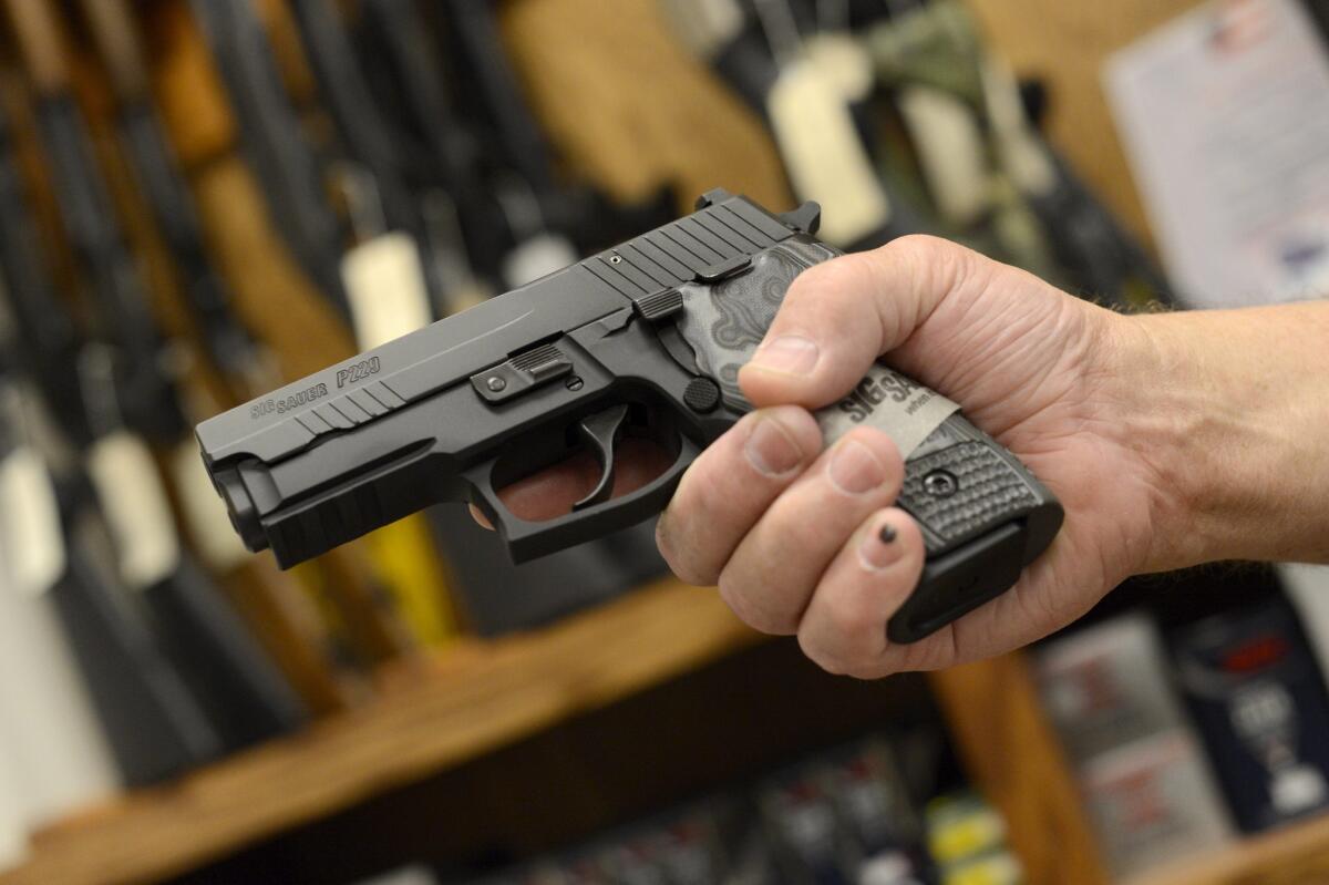 A Sig Sauer 9mm handgun is shown at Chuck's Firearms gun store in Atlanta.