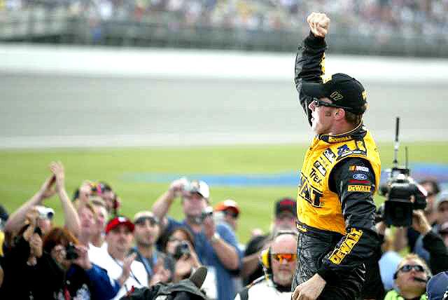 Matt Kenseth celebrates after winning the NASCAR Nextel Cup Series Auto Club 500 on Sunday at California Speedway in Fontana.