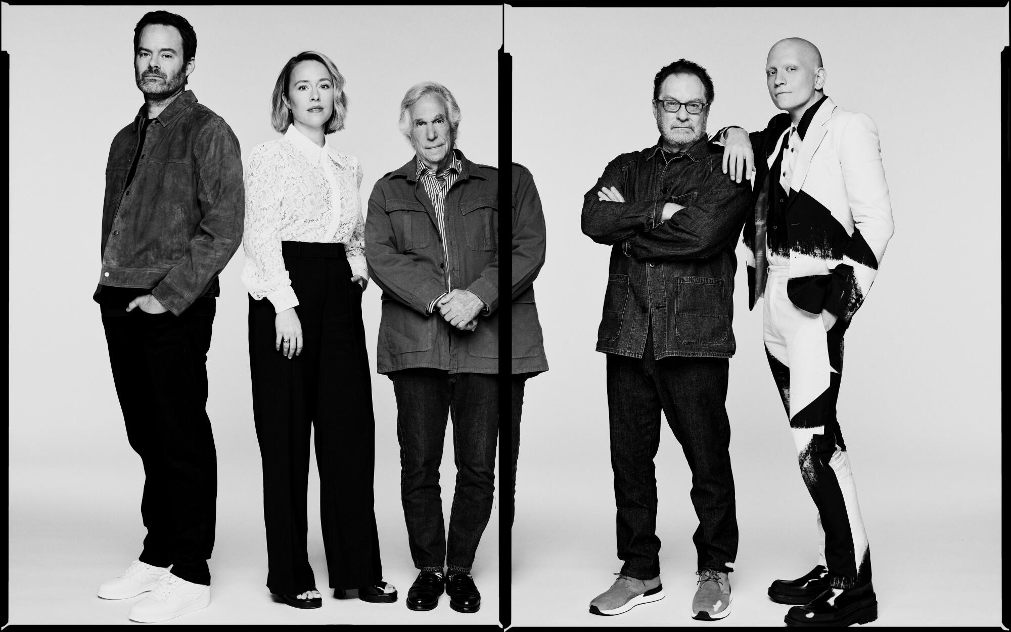 Bill Hader, Sarah Goldberg, Henry Winkler, Stephen Root and Anthony Carrigan stand shoulder to shoulder for a photo.