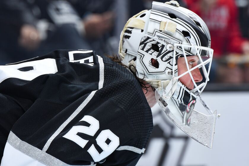 LOS ANGELES, CA - JANUARY 19: Pheonix Copley #29 of the Los Angeles Kings protects the goal.