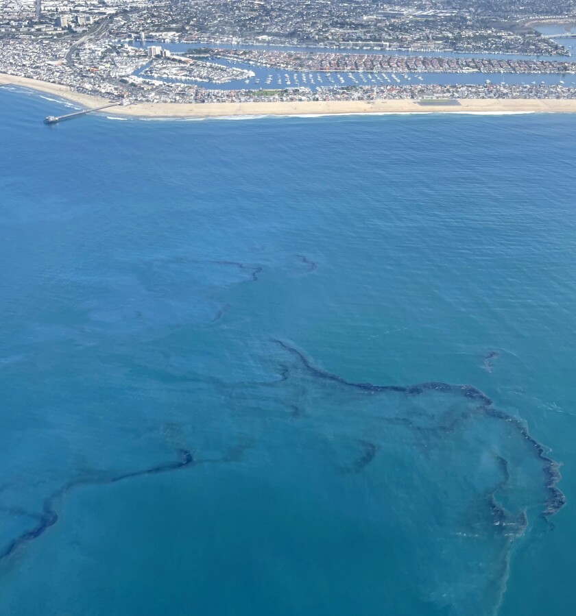 Crude oil is shown in the Pacific Ocean off the coast of Newport Beach on October 3.
