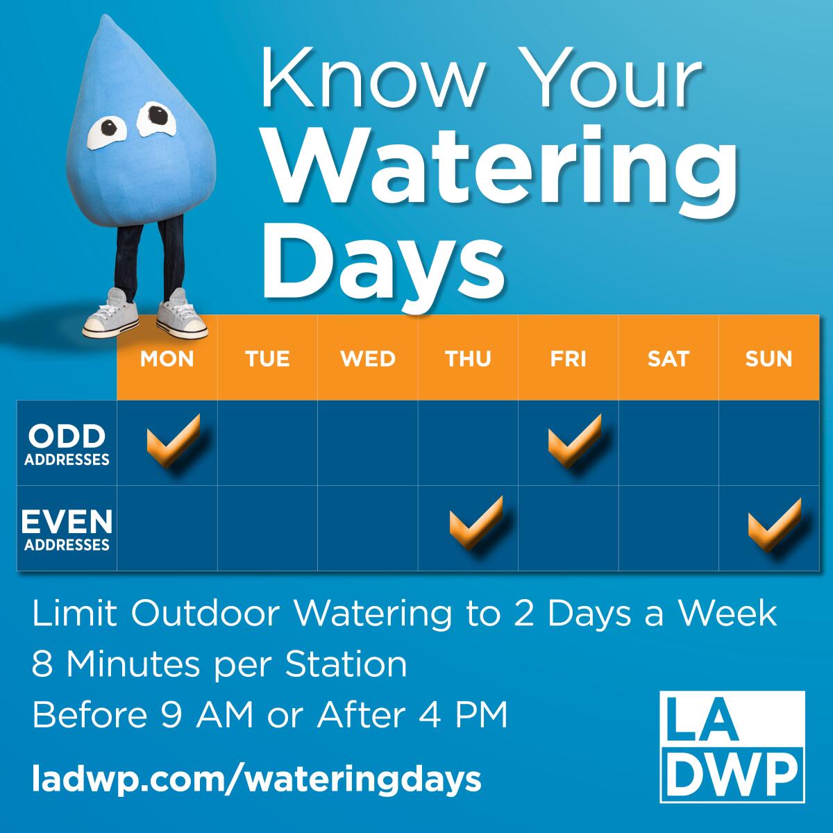 A graphic shows a mascot in the shape of a water drop standing next to a chart that lists outdoor watering days.