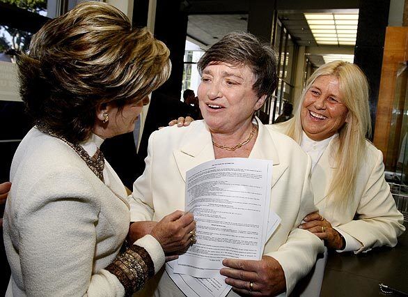 Tyler and Olson, with their lawyer, Gloria Allred, left, were the original plaintiffs in the 2004 California lawsuit challenging the ban on gay marriage as unconstitutional.
