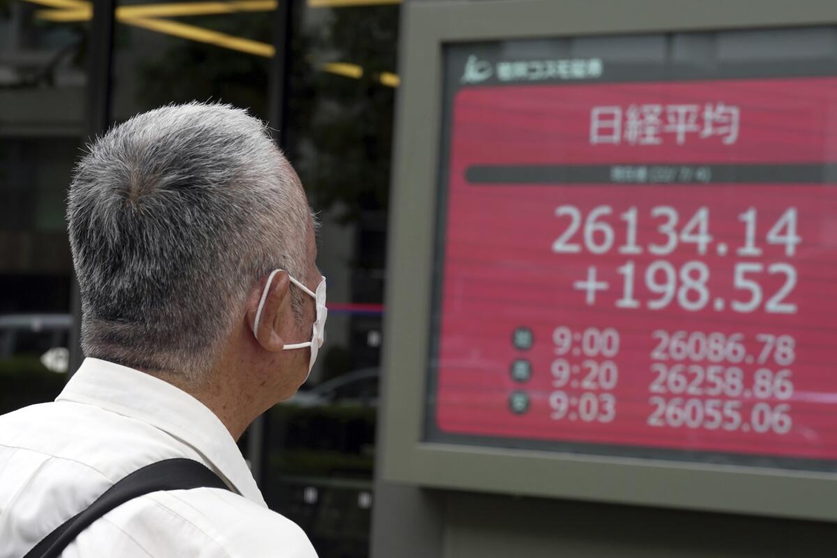 A person wearing a protective mask watches an electronic stock board showing Japan's Nikkei 225 index at a securities firm Monday, July 4, 2022, in Tokyo. Shares were mixed in Asia on Monday while U.S. futures fell ahead of the July 4 holiday in the U.S. (AP Photo/Eugene Hoshiko)