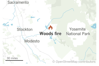 A map of part of Northern California shows the location of the Woods fire in Tuolumne County in the Sierra Nevada foothills