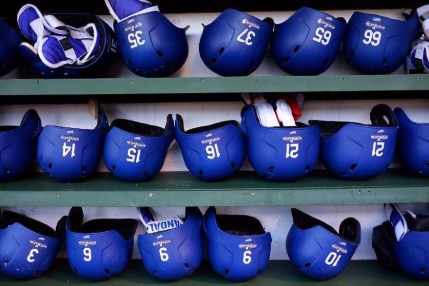 CHICAGO, IL - OCTOBER 17: A detail view of Los Angeles Dodgers batting helmets before game three of the National League Championship Series against the Chicago Cubs at Wrigley Field on October 17, 2017 in Chicago, Illinois. (Photo by Jamie Squire/Getty Images) ** OUTS - ELSENT, FPG, CM - OUTS * NM, PH, VA if sourced by CT, LA or MoD **