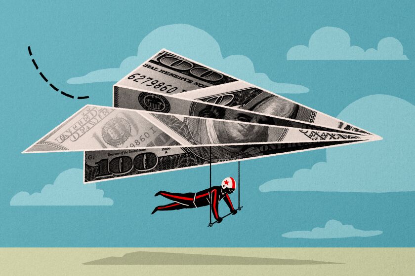 Illustration of a figure hang-gliding from a paper airplane formed by a $100 bill.