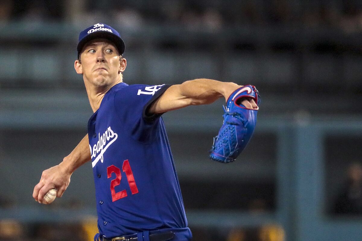 Dodgers pitcher Walker Buehler pitches during the second inning against the San Diego Padres.